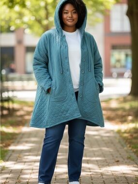 Cristian Siriano 3x Quilted Hooded Coatigan in Teal Blue